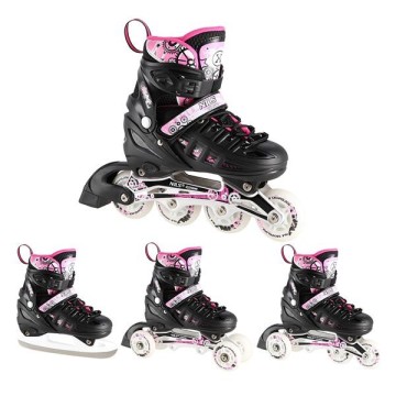 Αυξομειούμενα Roller Nils Extreme Σέτ 4 σε 1 Inline Skates NH 10905 Μαύρο/Ρόζ Led (Size 35-38)